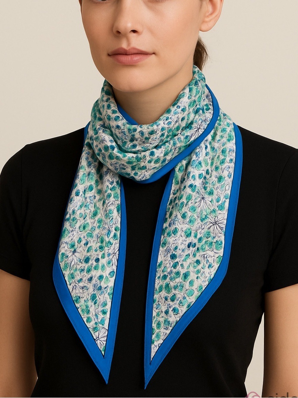 Vintage VERA NEUMANN silk scarf pointed ends blue green white floral 6.5” x 65”